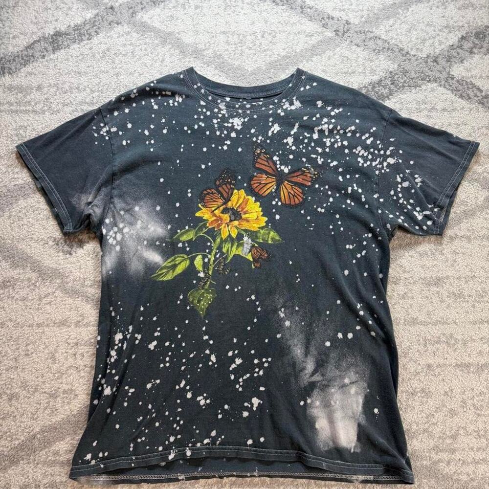 Love Tribe Black Bleach Splatter Grunge Shirt Sunflower & Butterfly size medium - Picture 2 of 5